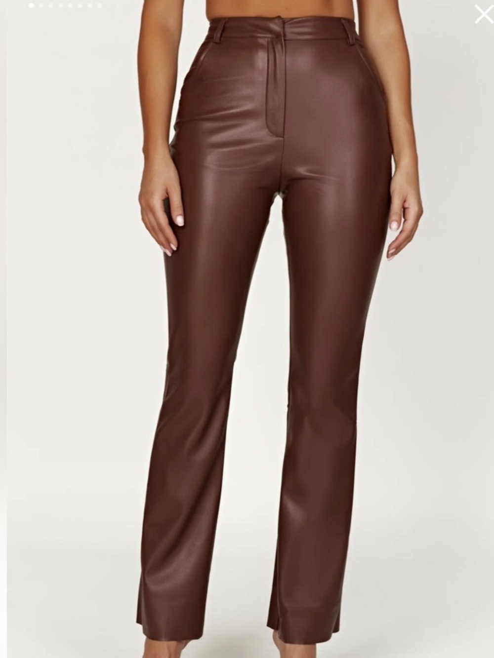 New! Meshki Brown Faux Leather Straight Leg Pants in chocolate brown.